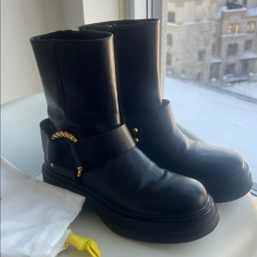 Dorothee Schumacher Black Leather Combat Boots with gold detail